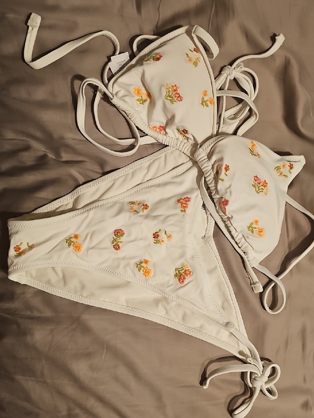 aerie White Floral Embroidered Triangle Bikini